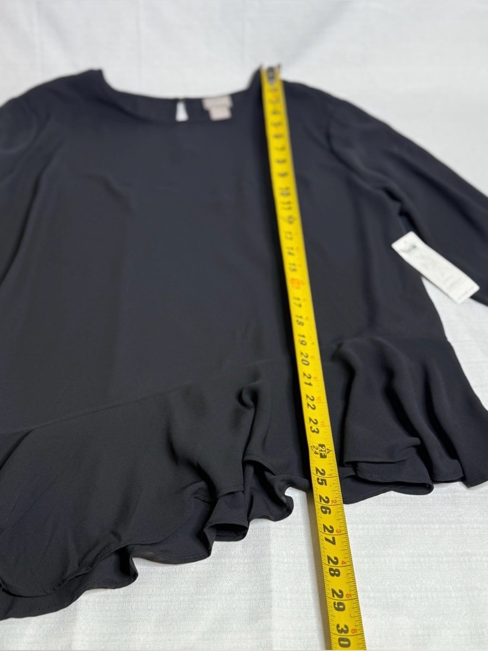 Chico’s Womens Blouse Size 2 Black Asymmetrical Bell Sleeve Top Flowy Shirt New - Picture 9 of 11
